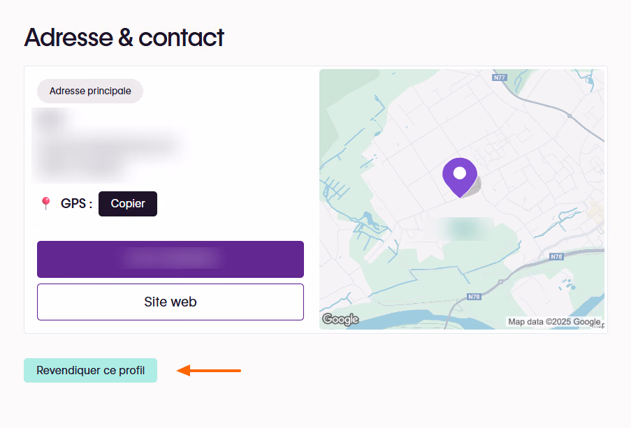 Le bouton « Revendiquer ce profil » sous le bloc Adresse & contact