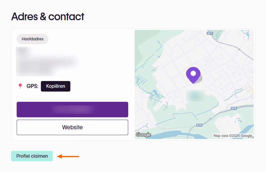 De knop “Profiel claimen” onder het blok Adres & contact