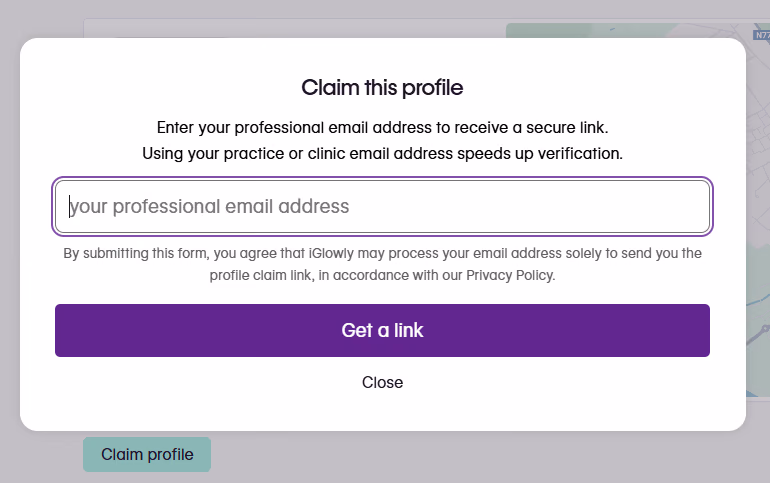 The “Claim this profile” window with the professional email field