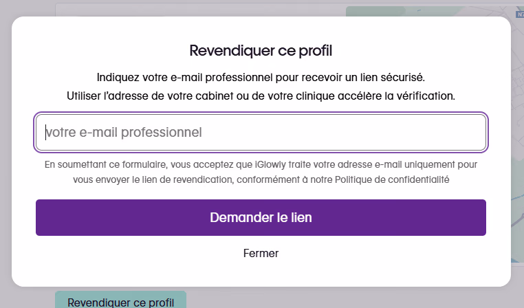 La fenêtre « Revendiquer ce profil » avec le champ e-mail professionnel