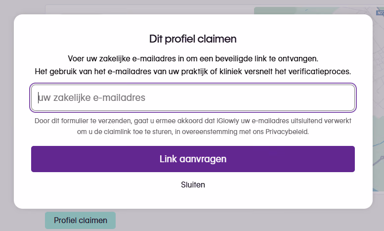 Het venster “Dit profiel claimen” met het veld voor het professionele e-mailadres
